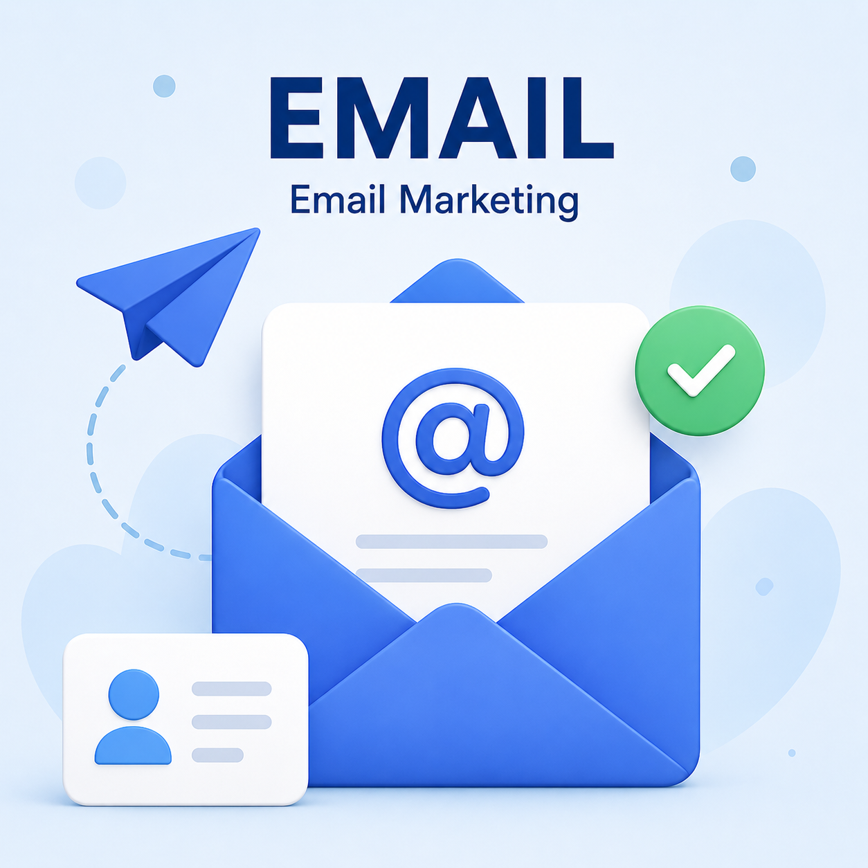 Email marketing illustration with blue envelope, contact card, and communication icons in modern 3D style.