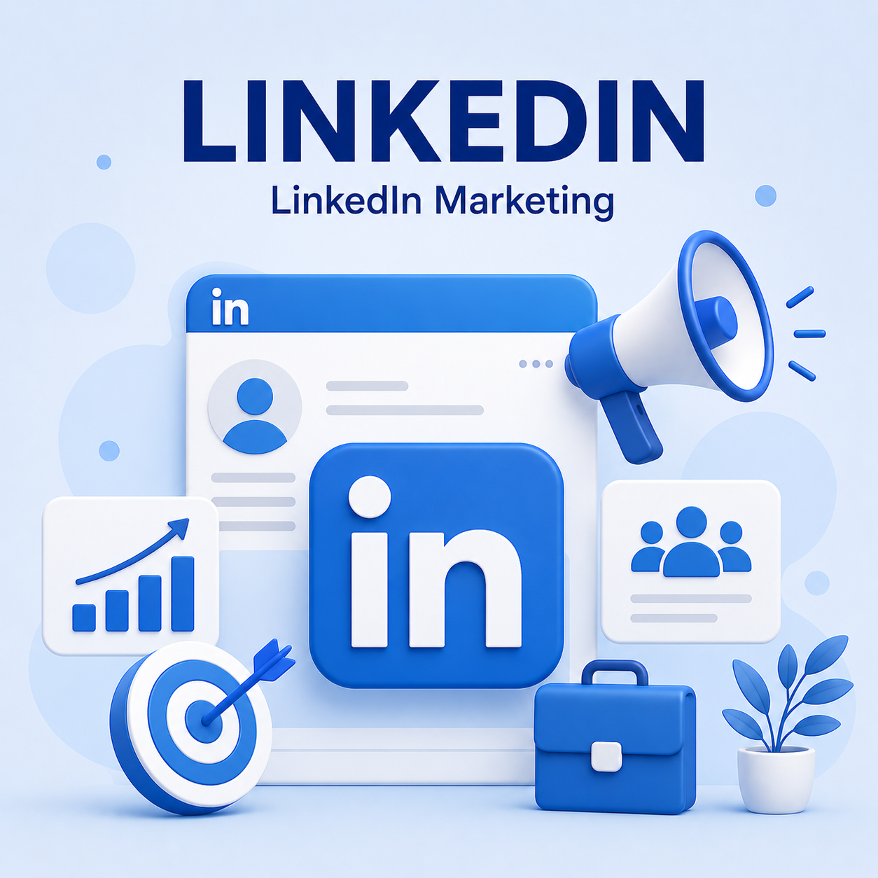 LinkedIn marketing illustration with LinkedIn logo, analytics charts, and professional networking elements in blue style.