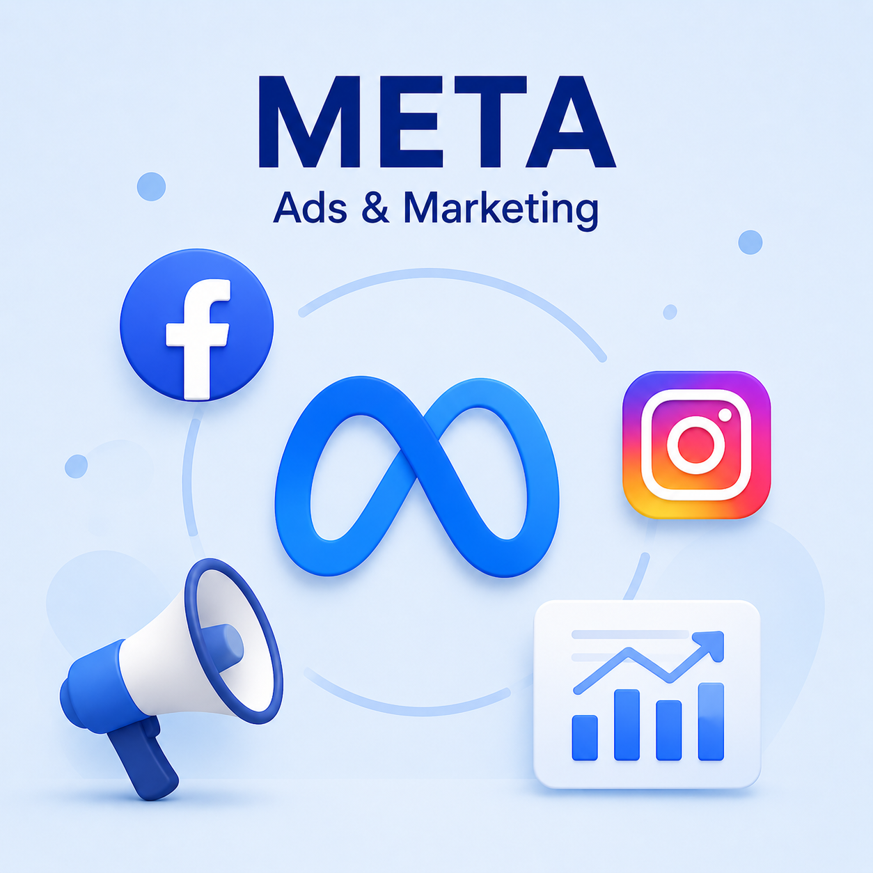 Meta ads marketing illustration with Meta logo, Facebook and Instagram icons, and analytics dashboard in blue style.