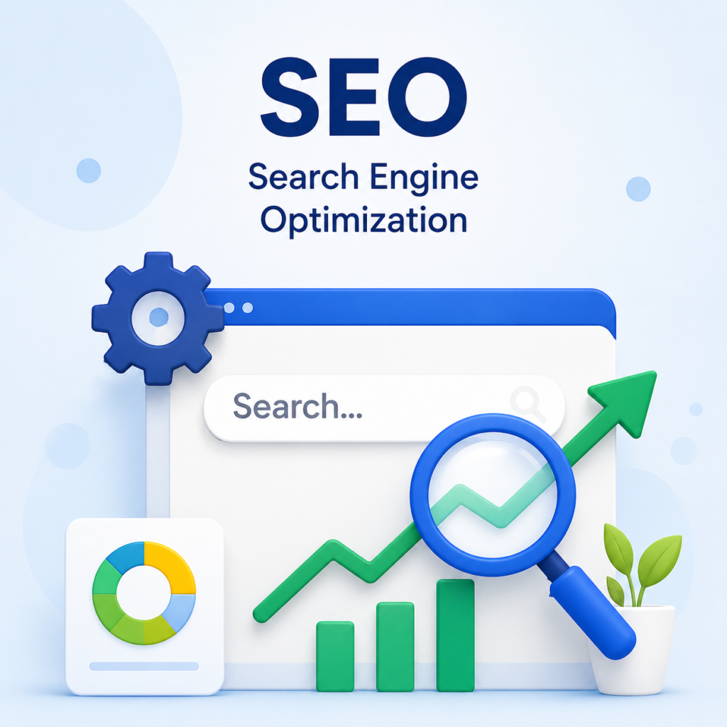 SEO optimization illustration with search analytics, ranking growth chart, and magnifying glass in blue modern 3D style.