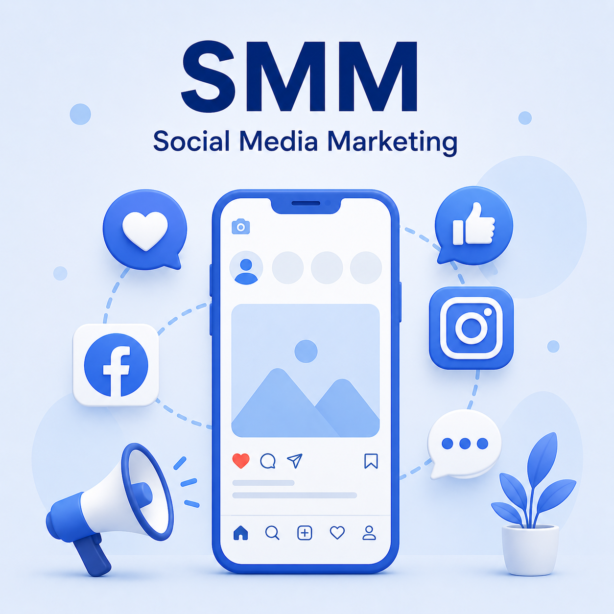 Social media marketing illustration with smartphone, engagement icons, and blue modern digital marketing design.